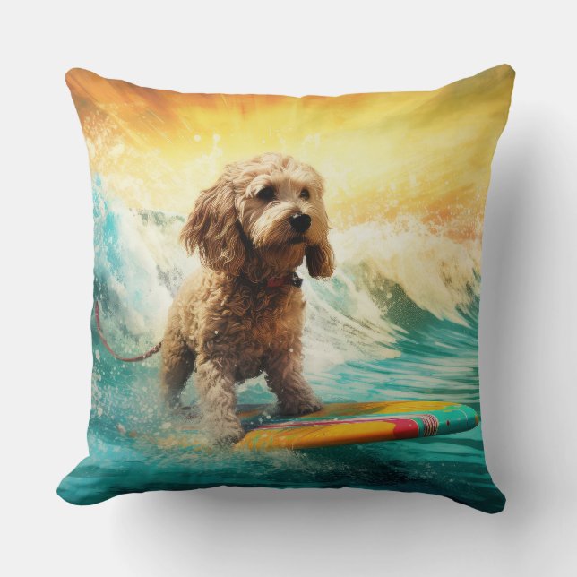 Cockapoo Beach Surfing Painting  Throw Pillow (Front)