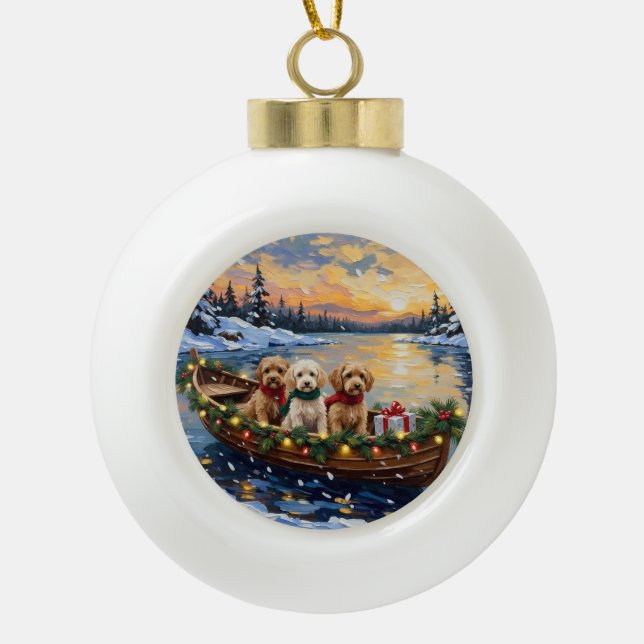 Cockapoo Christmas Boat Holiday Ceramic Ball Christmas Ornament (Front)
