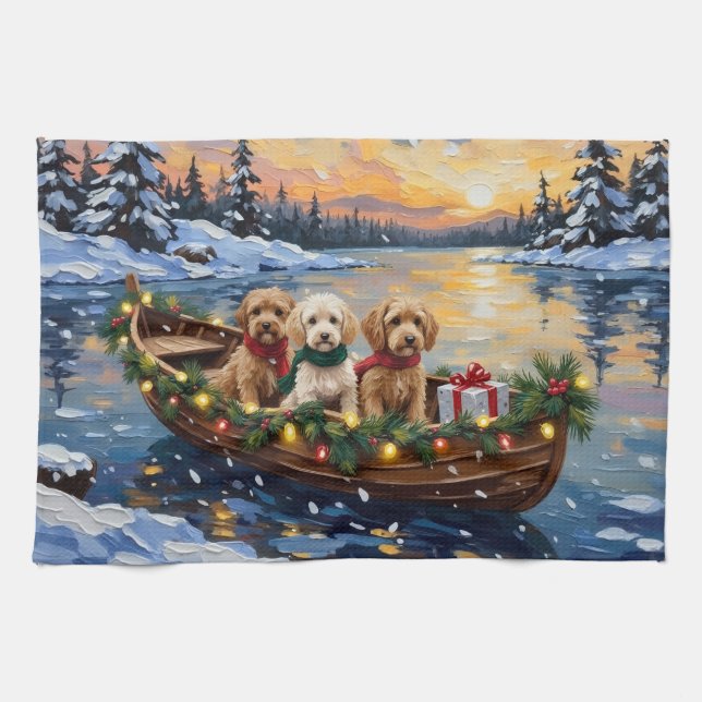 Cockapoo Christmas Boat Holiday Kitchen Towel (Horizontal)