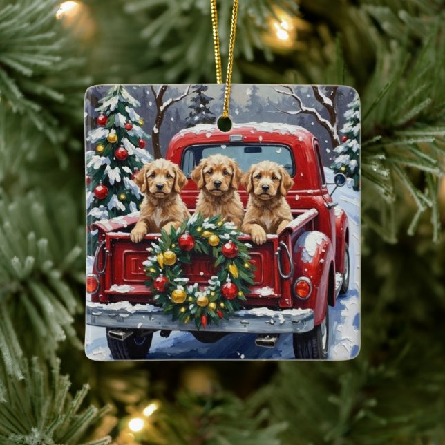 Cockapoo Christmas Red Truck Holiday Ceramic Ornament (Tree)