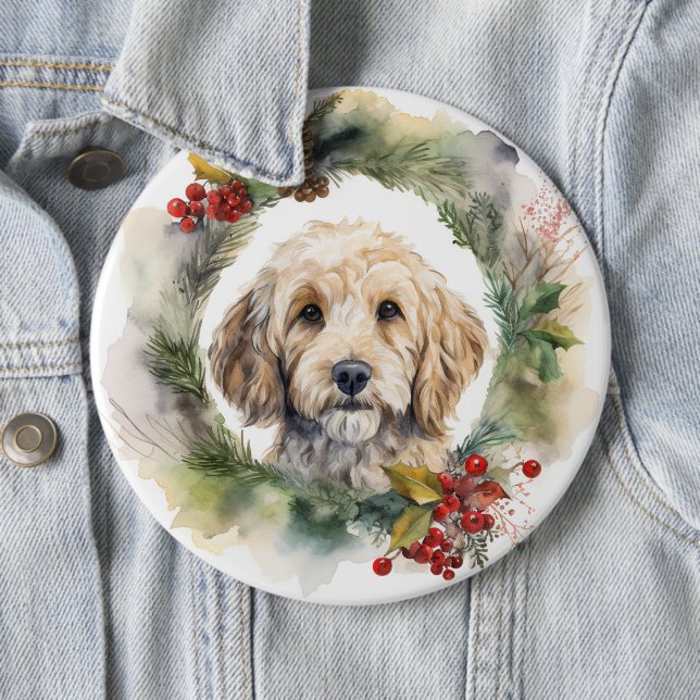 Cockapoo Christmas Wreath Festive Pup  Button (In Situ)