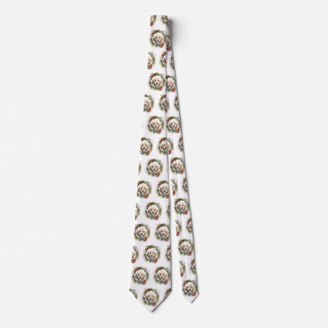 Cockapoo Christmas Wreath Festive Pup  Neck Tie (Front)