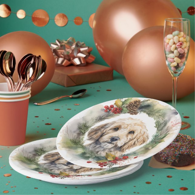 Cockapoo Christmas Wreath Festive Pup  Paper Plates (Multi)