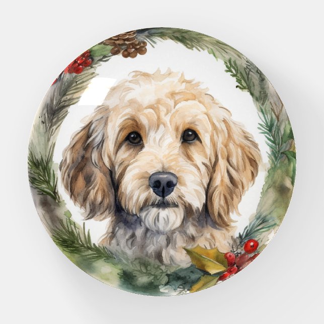 Cockapoo Christmas Wreath Festive Pup  Paperweight (Front)