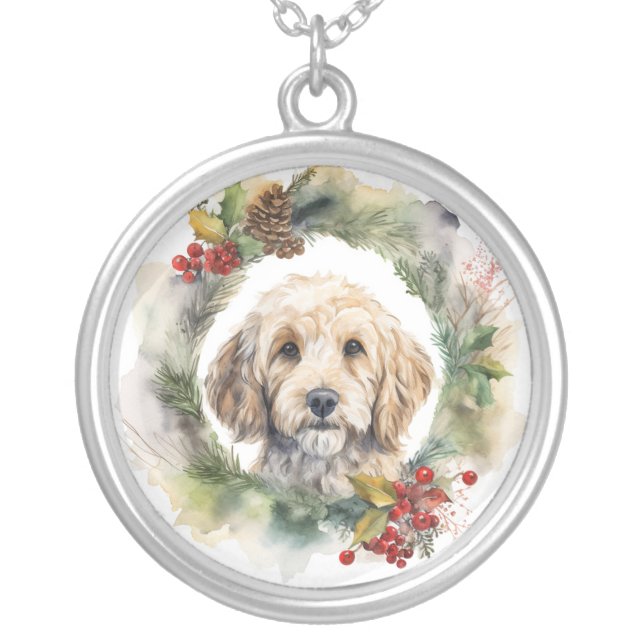 Cockapoo Christmas Wreath Festive Pup  Silver Plated Necklace (Front)