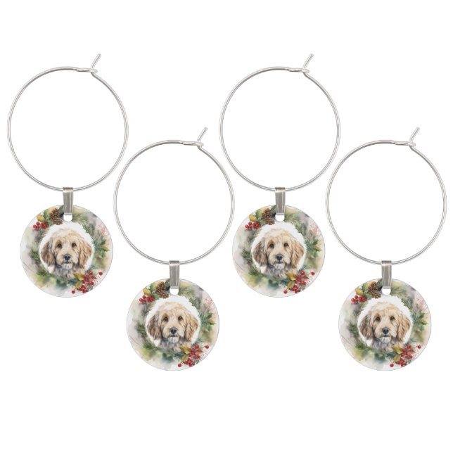Cockapoo Christmas Wreath Festive Pup  Wine Charm (Staggered)