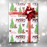 Cockapoo Dog, Bird and Christmas Tree Wrapping Paper<br><div class="desc">The repeated pattern on this cute Christmas wrapping paper is an image of a little brown Cockapoo dog wearing a red and white Santa hat. The dog sits among brightly wrapped gift packages beside a decorated Christmas tree. A bullfinch bird is landing on the tree behind it. Stylized red and...</div>