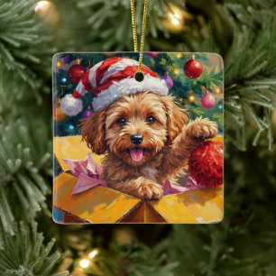 Cockapoo Dog Christmas Gift Box Surprise Ceramic Ornament