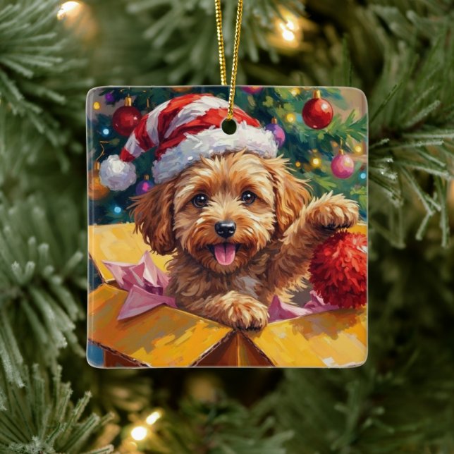 Cockapoo Dog Christmas Gift Box Surprise Ceramic Ornament (Tree)