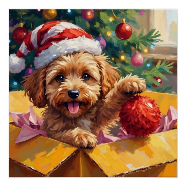 Cockapoo Dog Christmas Gift Box Surprise Poster (Front)
