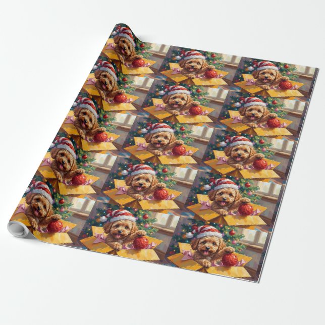 Cockapoo Dog Christmas Gift Box Surprise Wrapping Paper (Unrolled)