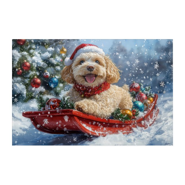 Cockapoo Dog in Sledge Let it Snow Christmas Acrylic Print (Front)