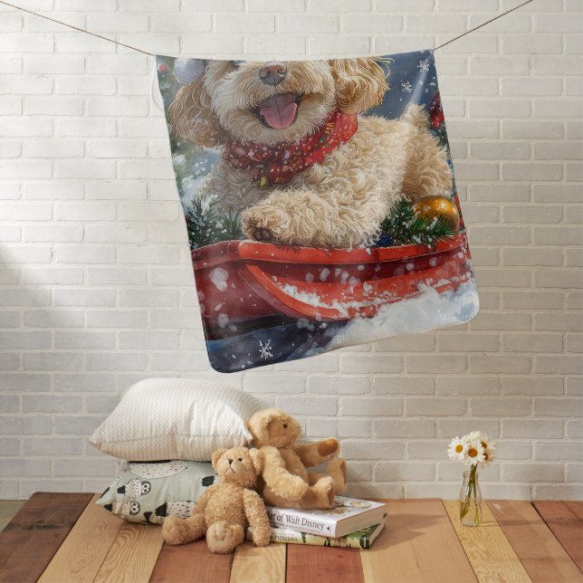 Cockapoo Dog in Sledge Let it Snow Christmas Baby Blanket (In Situ)