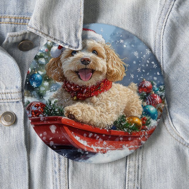 Cockapoo Dog in Sledge Let it Snow Christmas Button (In Situ)