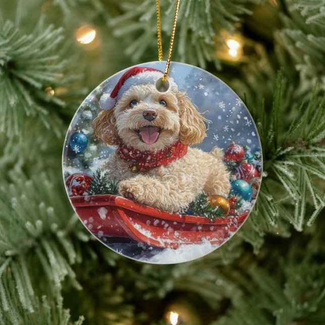 Cockapoo Dog in Sledge Let it Snow Christmas Ceramic Ornament (Tree)