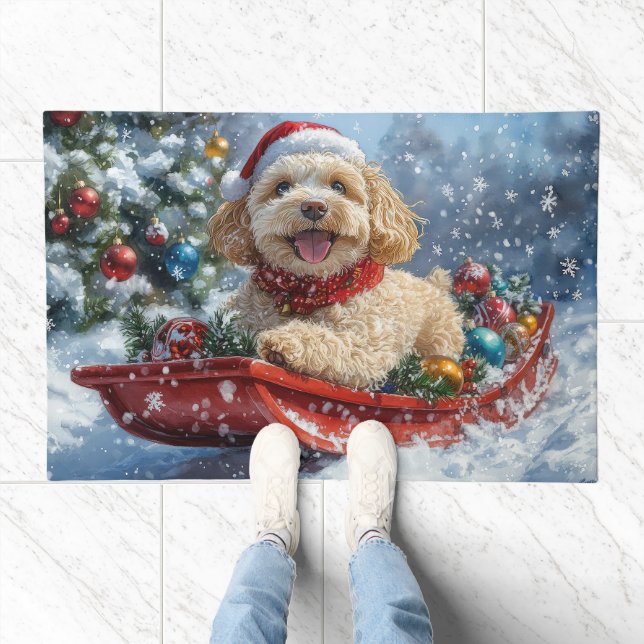Cockapoo Dog in Sledge Let it Snow Christmas Doormat (Indoor)