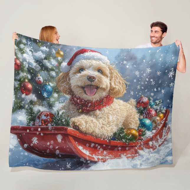 Cockapoo Dog in Sledge Let it Snow Christmas Fleece Blanket (In Situ)