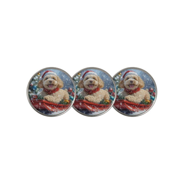 Cockapoo Dog in Sledge Let it Snow Christmas Golf Ball Marker (3 Up)