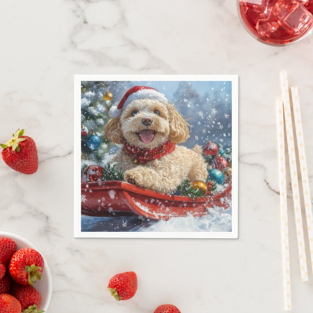 Cockapoo Dog in Sledge Let it Snow Christmas Napkins (Insitu)