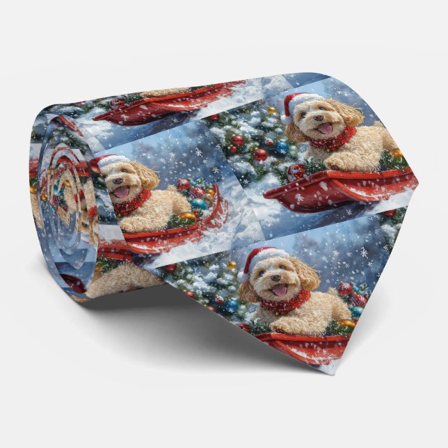 Cockapoo Dog in Sledge Let it Snow Christmas Neck Tie (Rolled)