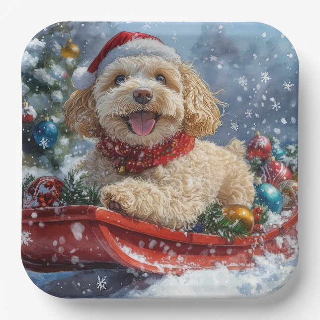 Cockapoo Dog in Sledge Let it Snow Christmas Paper Plates (Front)