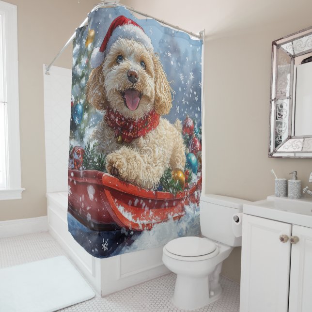 Cockapoo Dog in Sledge Let it Snow Christmas Shower Curtain (In Situ)