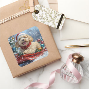 Cockapoo Dog in Sledge Let it Snow Christmas Square Sticker
