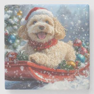 Cockapoo Dog in Sledge Let it Snow Christmas Stone Coaster