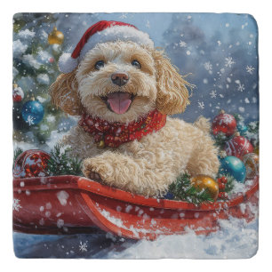 Cockapoo Dog in Sledge Let it Snow Christmas Trivet
