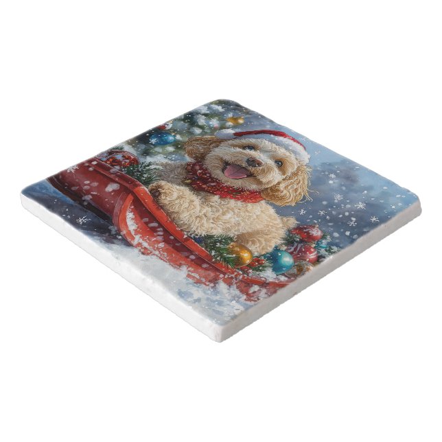 Cockapoo Dog in Sledge Let it Snow Christmas Trivet (Corner)