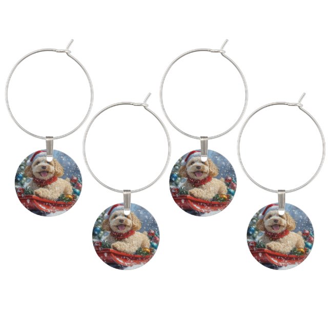 Cockapoo Dog in Sledge Let it Snow Christmas Wine Charm (Staggered)
