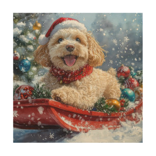 Cockapoo Dog in Sledge Let it Snow Christmas Wood Wall Art