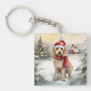Cockapoo Dog in Snow Christmas Keychain