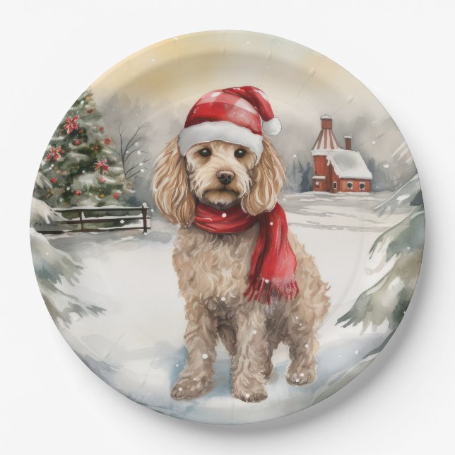 Cockapoo Dog in Snow Christmas  Paper Plates (Front)