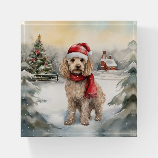 Cockapoo Dog in Snow Christmas  Paperweight (Front)