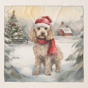 Cockapoo Dog in Snow Christmas Scarf