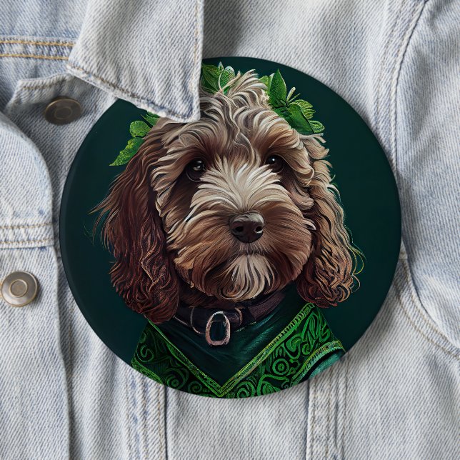 Cockapoo Dog in St. Patrick's Day Dress Button (In Situ)
