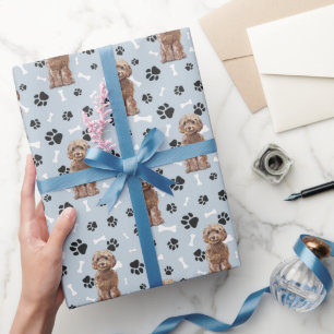 Cockapoo Dog Paw Print Pattern on Silver Blue Wrapping Paper