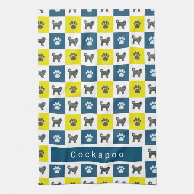 Cockapoo Dog & Paw Yellow & Blue Grid Kitchen Towel (Vertical)