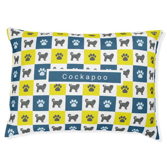 Cockapoo Dog & Paw Yellow & Blue Grid Pet Bed (Front)