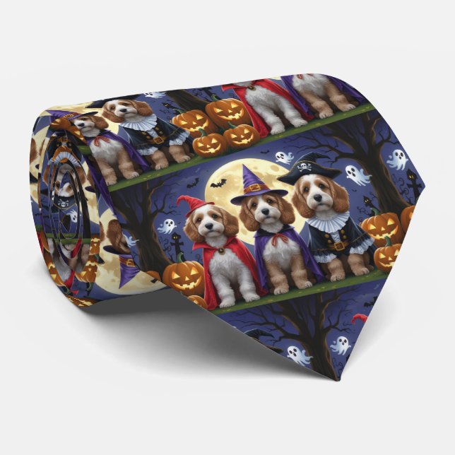 Cockapoo Dog Pumpkin Halloween Funny Neck Tie (Rolled)