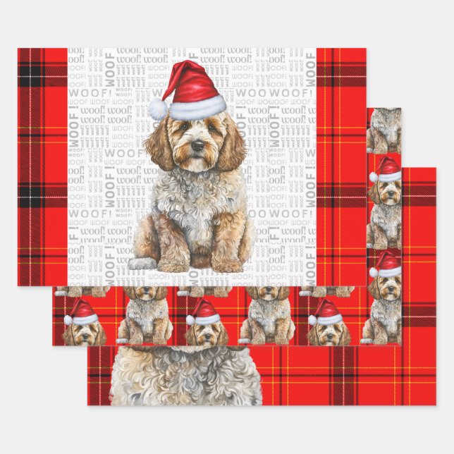 Cockapoo Dog Red Holiday Plaid Christmas Wrapping Paper Sheets (Set)