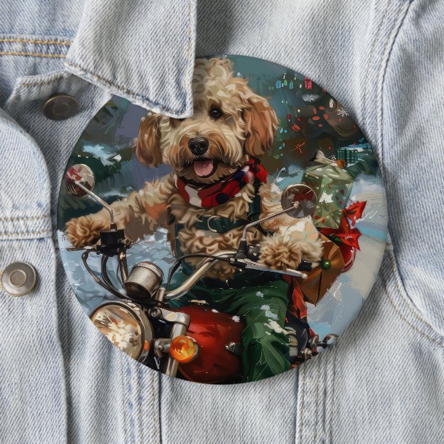 Cockapoo Dog Riding Motorcycle Christmas Button (In Situ)