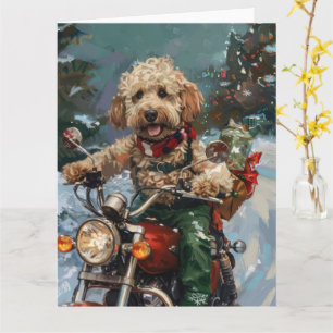Cockapoo Dog Riding Motorcycle Christmas Card