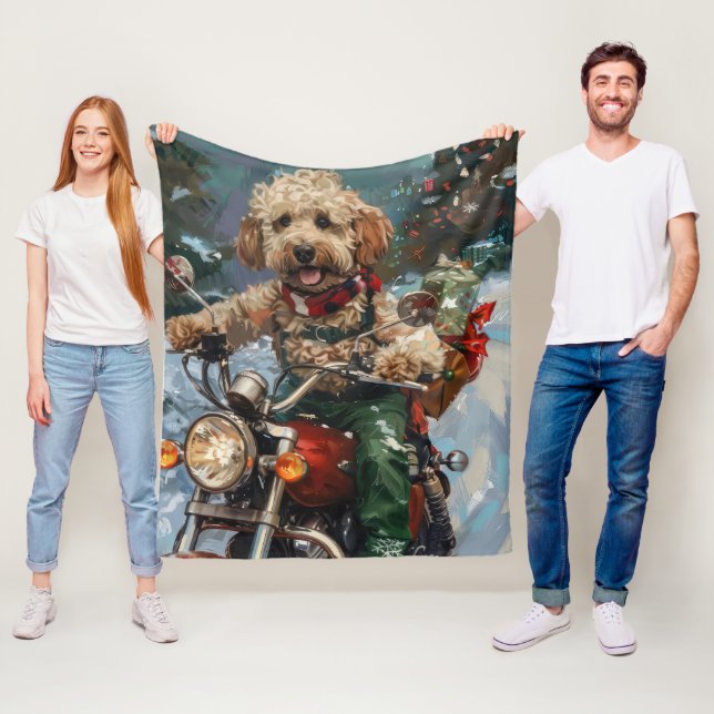 Cockapoo Dog Riding Motorcycle Christmas Fleece Blanket (In Situ)