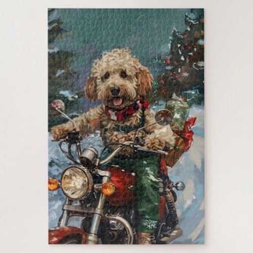 Cockapoo Dog Riding Motorcycle Christmas Jigsaw Puzzle