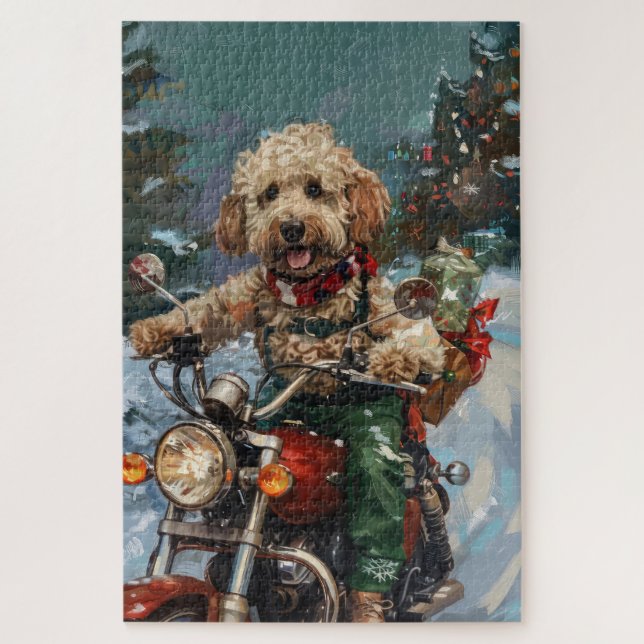 Cockapoo Dog Riding Motorcycle Christmas Jigsaw Puzzle (Vertical)