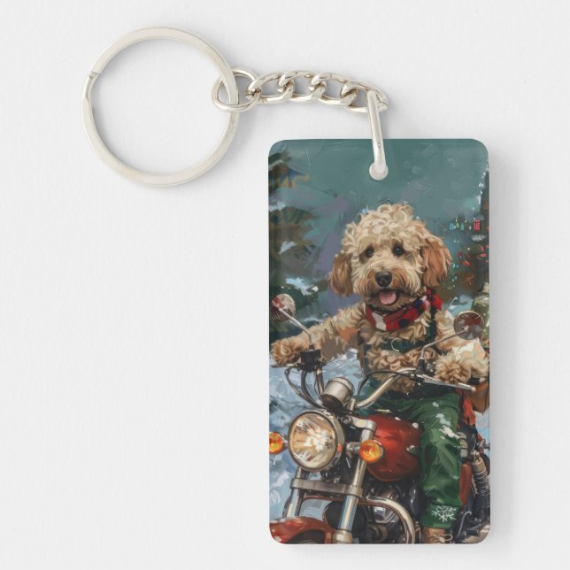 Cockapoo Dog Riding Motorcycle Christmas Keychain (Front)