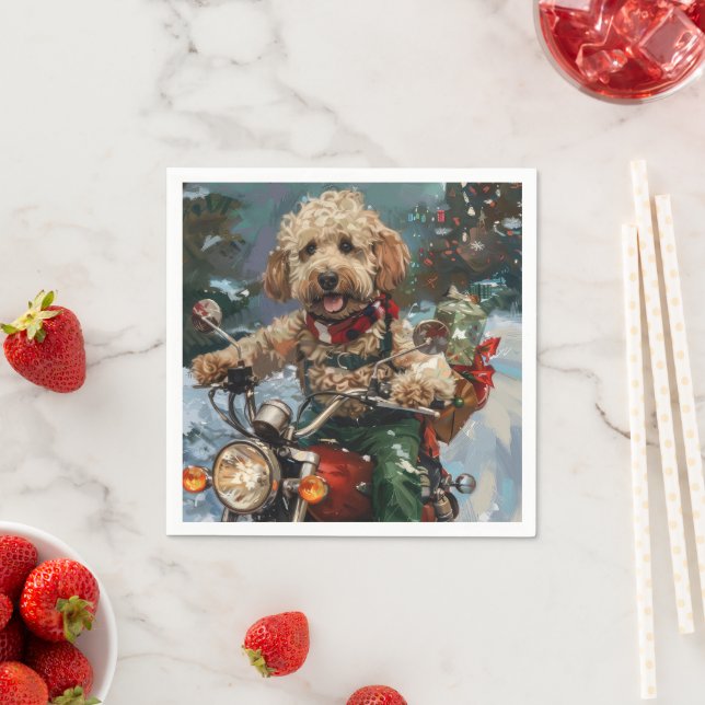 Cockapoo Dog Riding Motorcycle Christmas Napkins (Insitu)