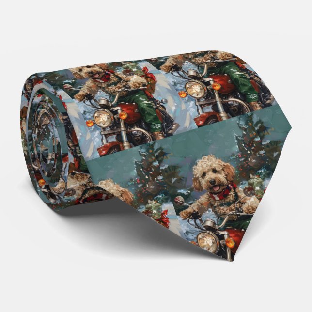 Cockapoo Dog Riding Motorcycle Christmas Neck Tie (Rolled)